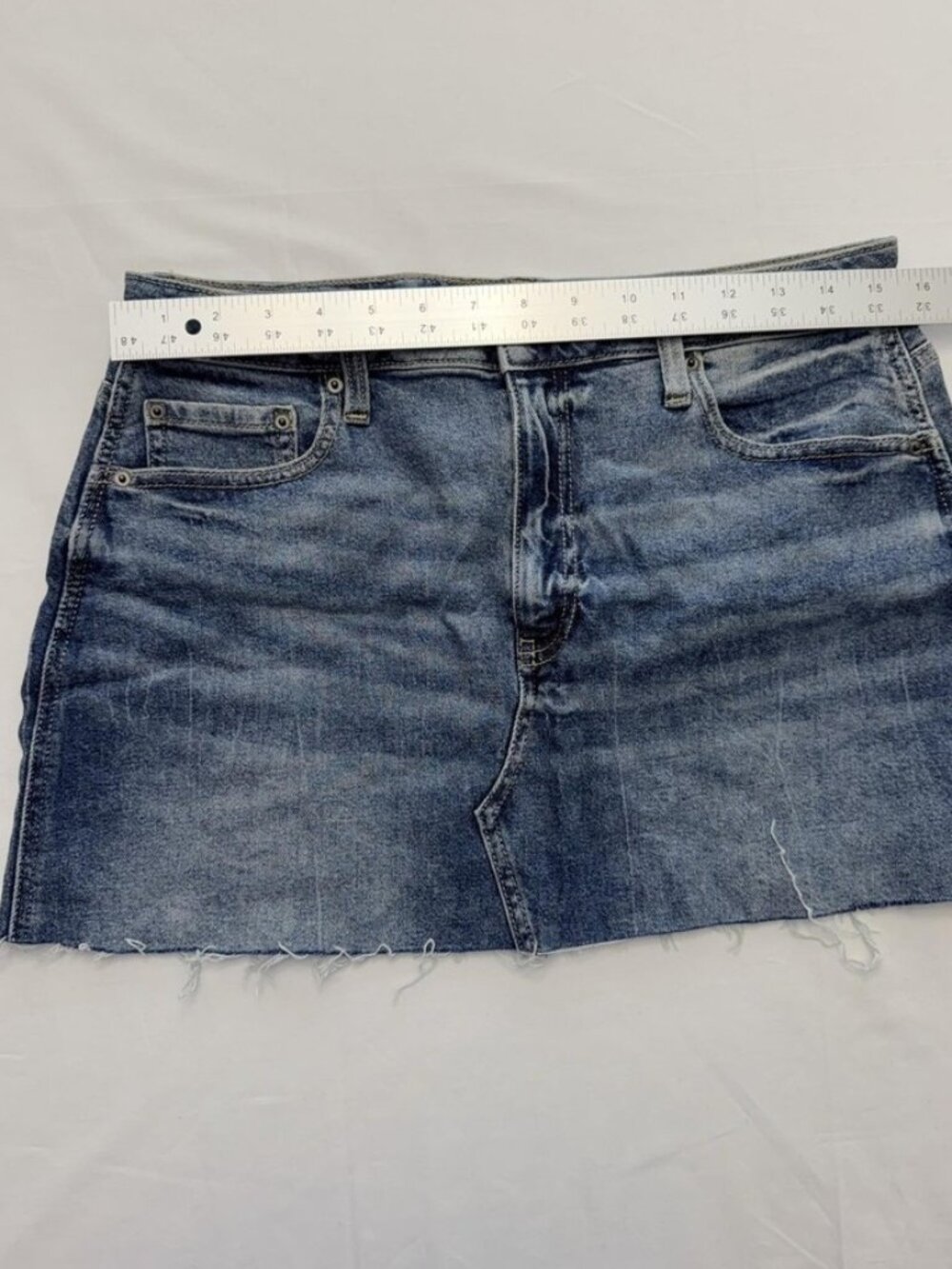 Blue Denim Mini Raw Hem Stretch Pockets Button - Picture 2 of 3